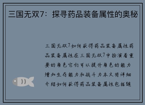 三国无双7：探寻药品装备属性的奥秘