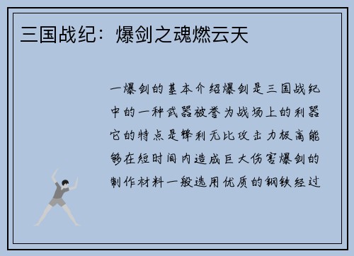 三国战纪：爆剑之魂燃云天