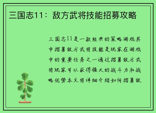三国志11：敌方武将技能招募攻略