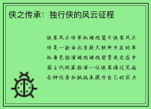 侠之传承：独行侠的风云征程