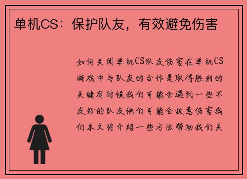 单机CS：保护队友，有效避免伤害