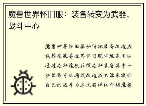 魔兽世界怀旧服：装备转变为武器，战斗中心